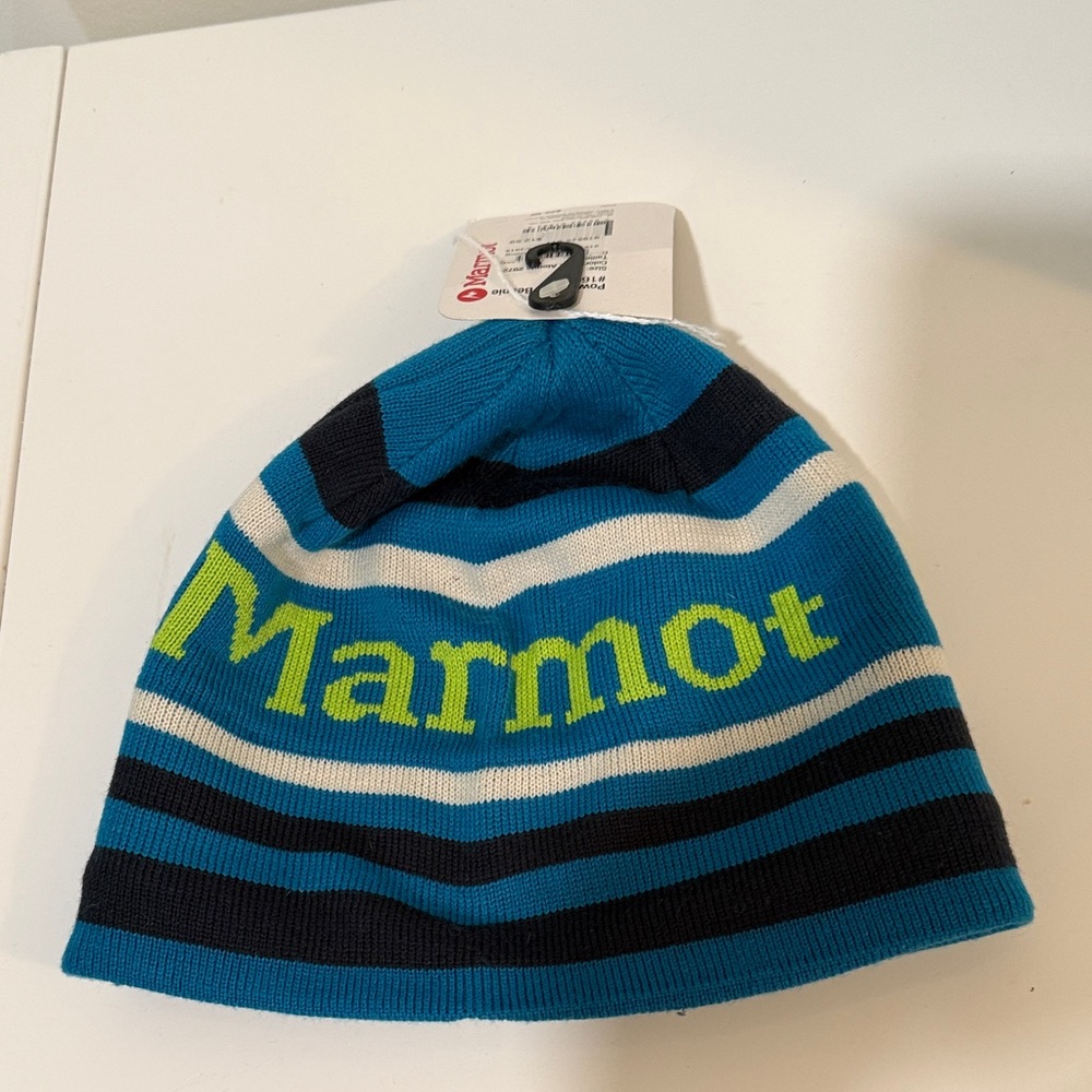 Marmot Blue and Black Striped Beanie. NWT